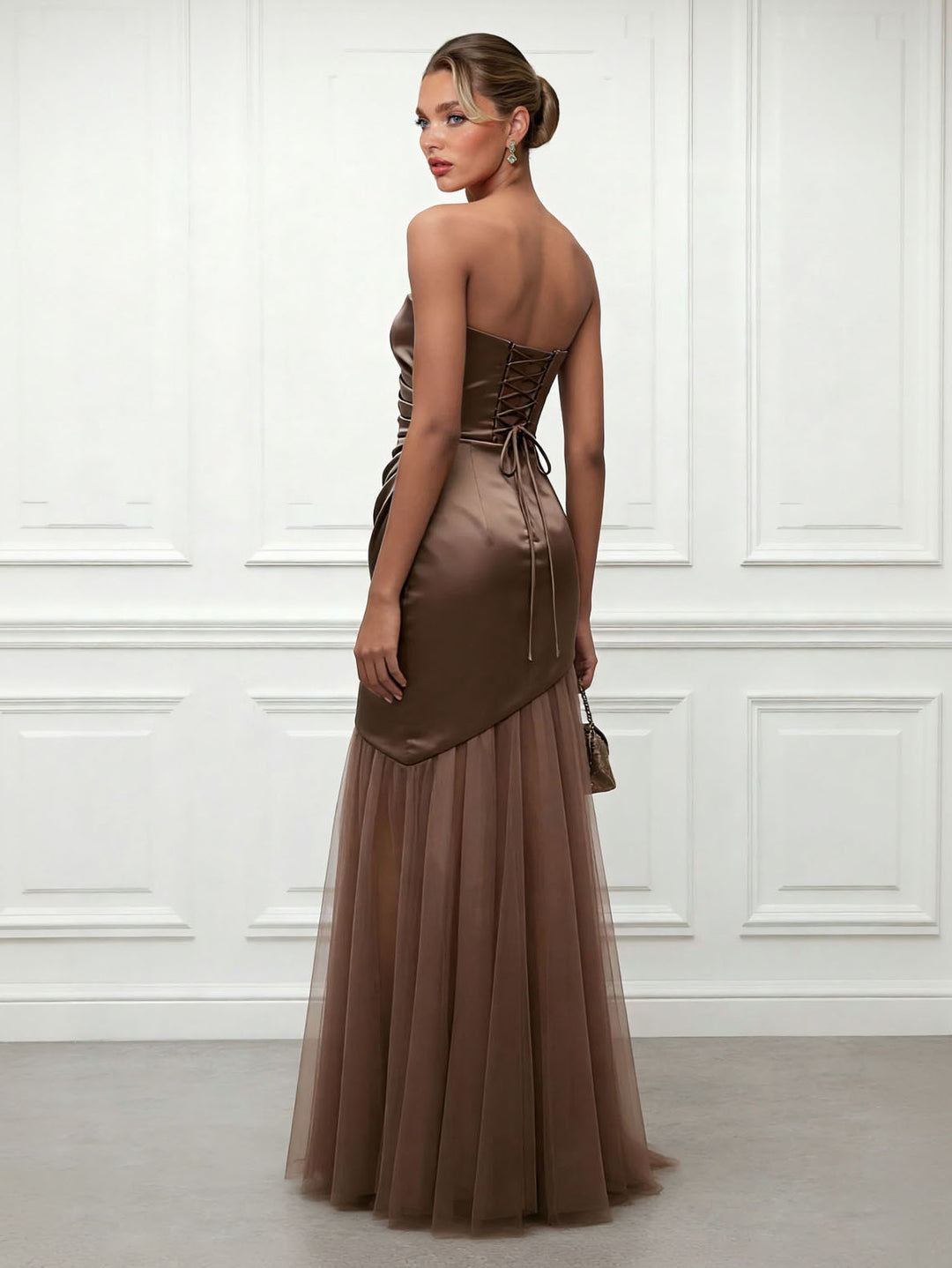 Elegant Strapless Draped Satin Evening Gown Maxi Dress
