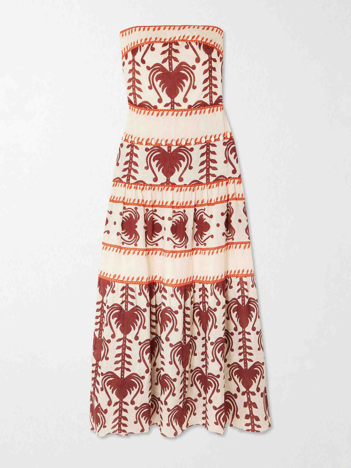 Elegant Strapless Ethnic Print Tiered Maxi Dress