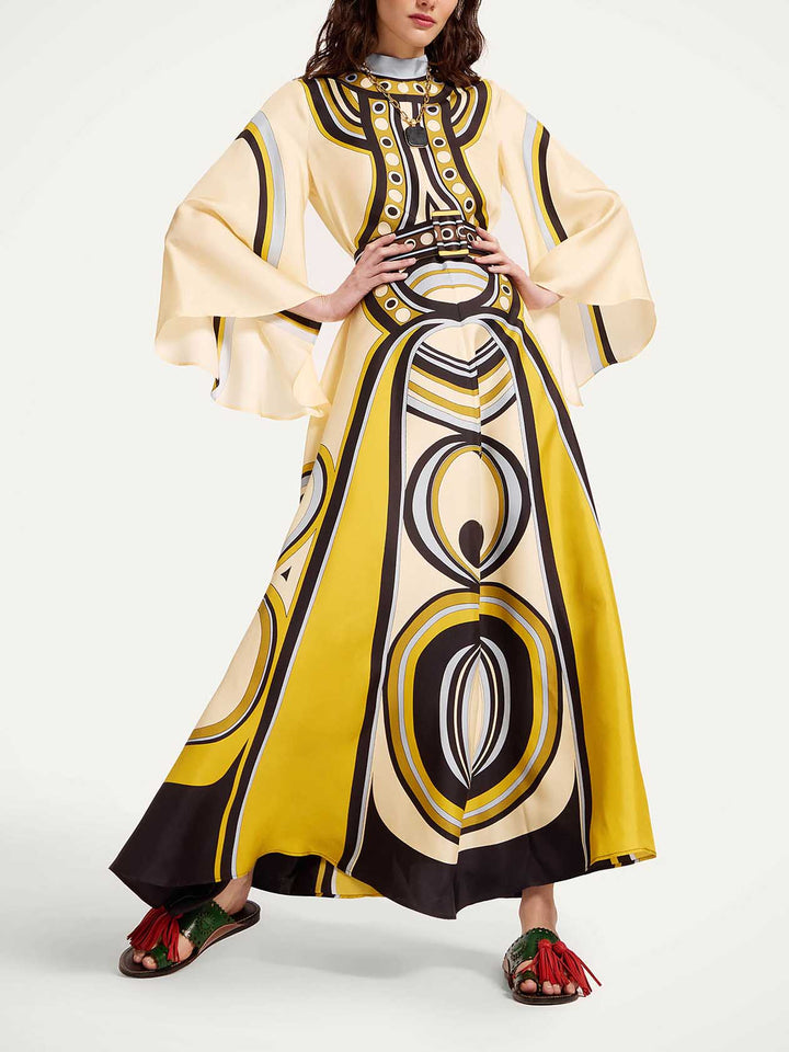 Retro Geometric Print V-Neck Kaftan Maxi Dress