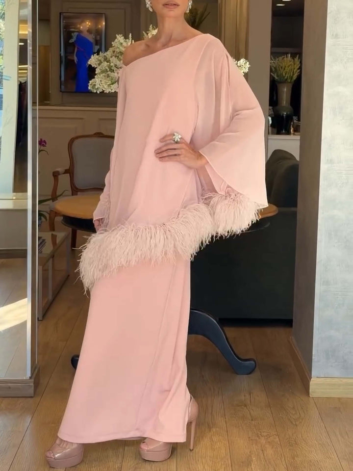 Elegant Feather Trim Draped Chiffon Maxi Dress