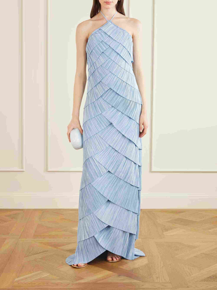 Elegant Tiered Asymmetric Ruffle Pleated Maxi Dress