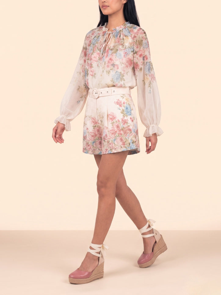 Exquisite Floral Print Long Sleeve Chiffon Shirt & Shorts Set