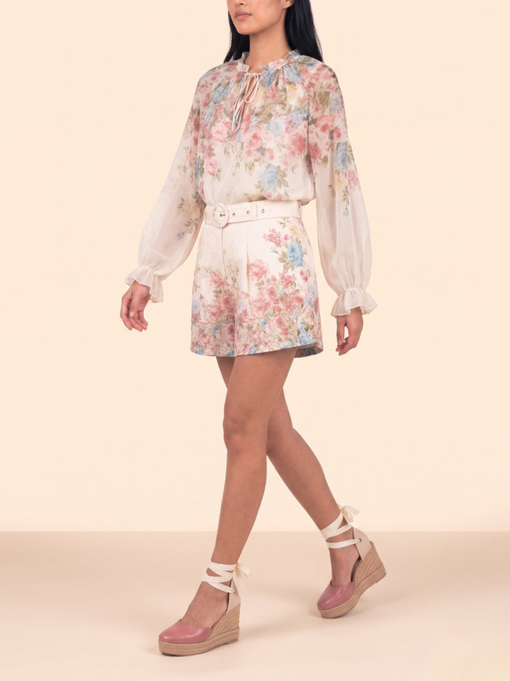 Exquisite Floral Print Long Sleeve Chiffon Shirt & Shorts Set