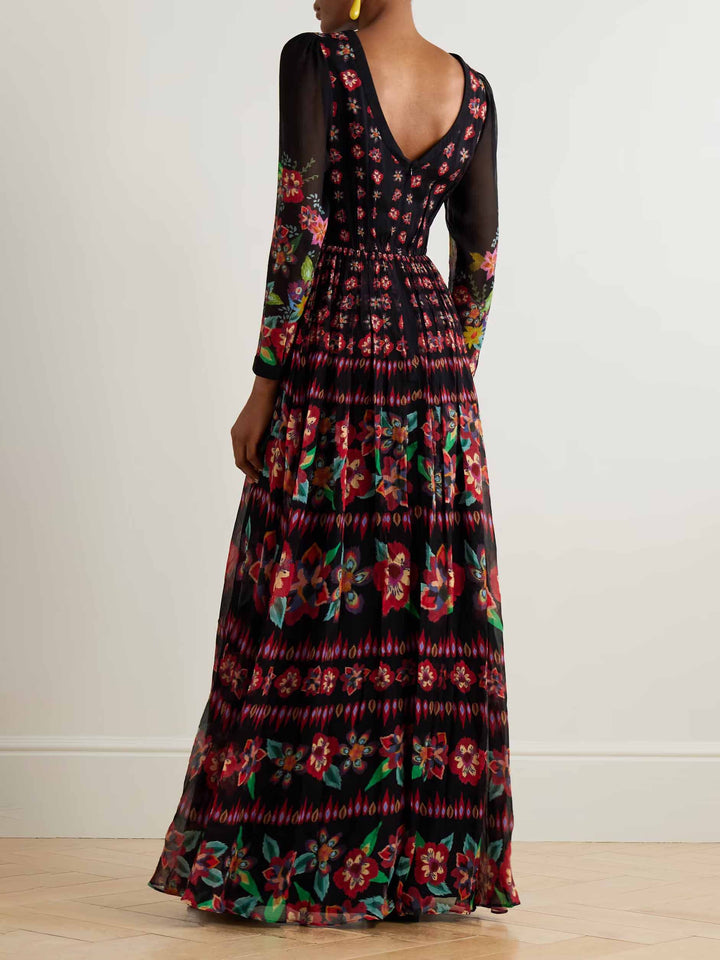 Exquisite Floral Print Pleated Maxi Dress