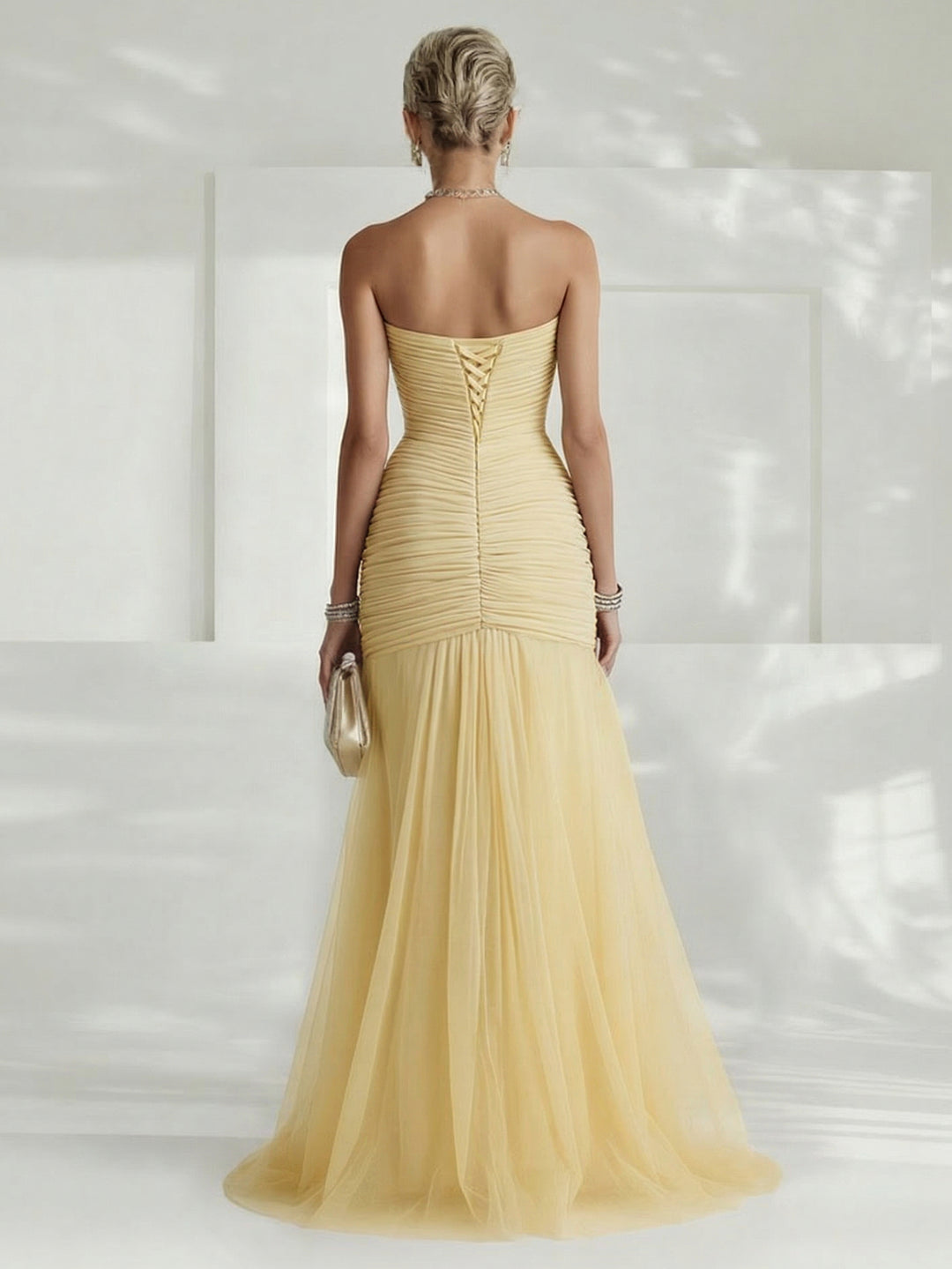 Elegant Yellow Strapless Pleated Tulle Maxi Dress