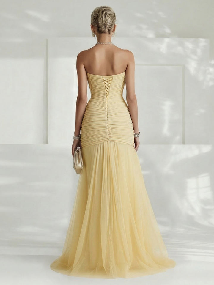 Elegant Yellow Strapless Pleated Tulle Maxi Dress