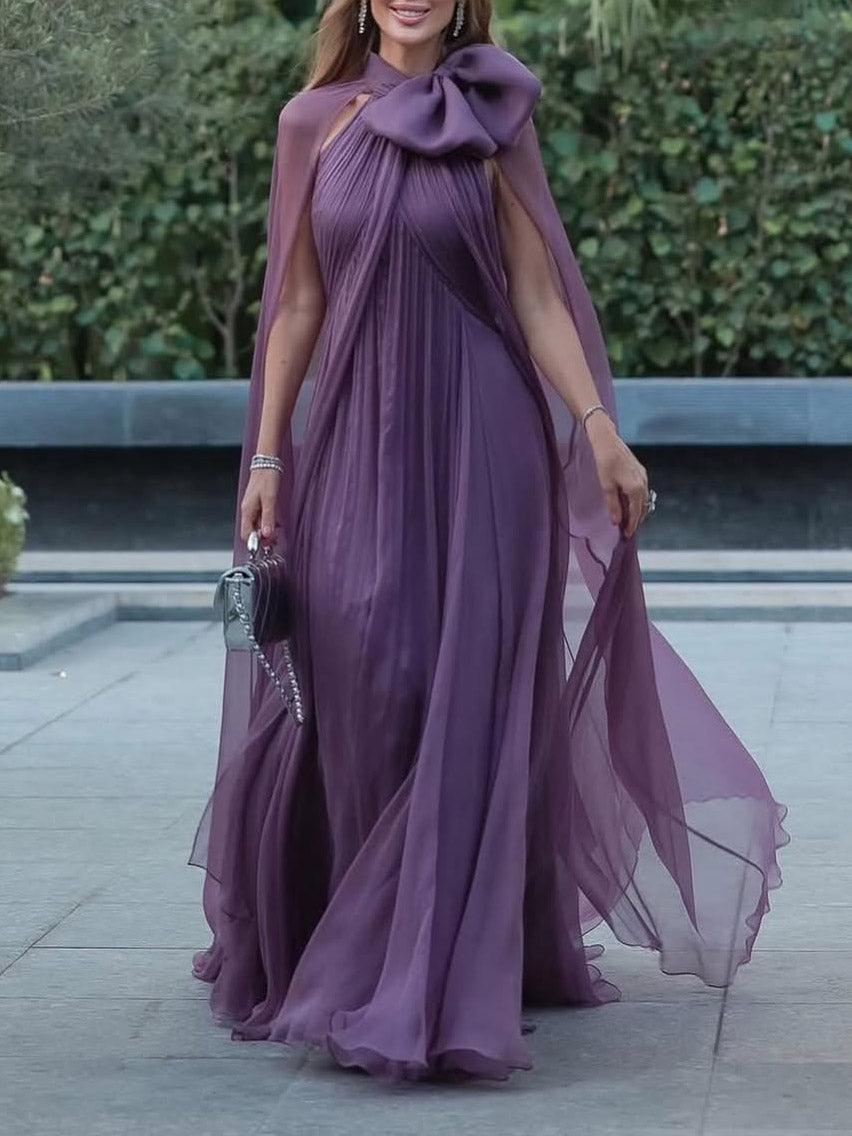 Elegant Sheer Chiffon Cape Bow Maxi Dress