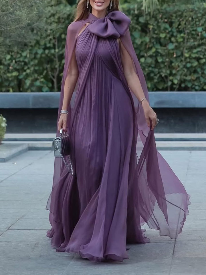 Elegant Sheer Chiffon Cape Bow Maxi Dress