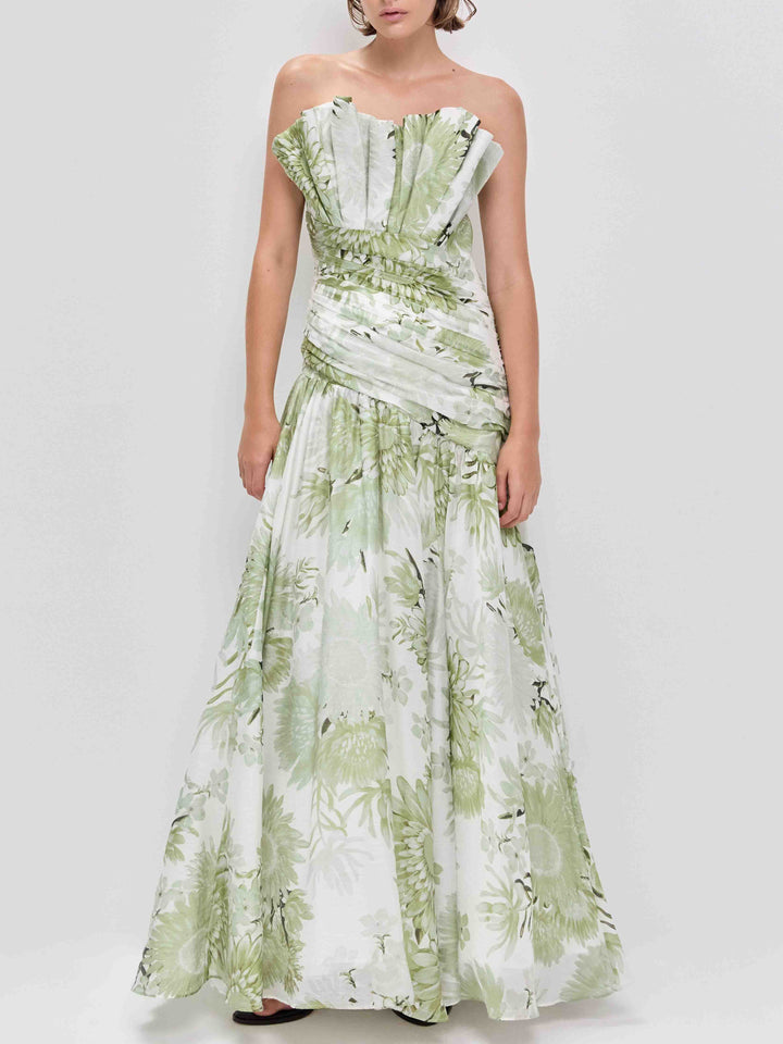 Elegant Floral Print Strapless Maxi Dress