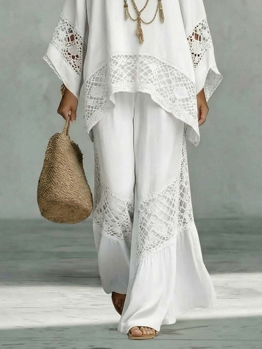 Casual Crocheted Lace Loose Kaftan Top Two-Piece Set