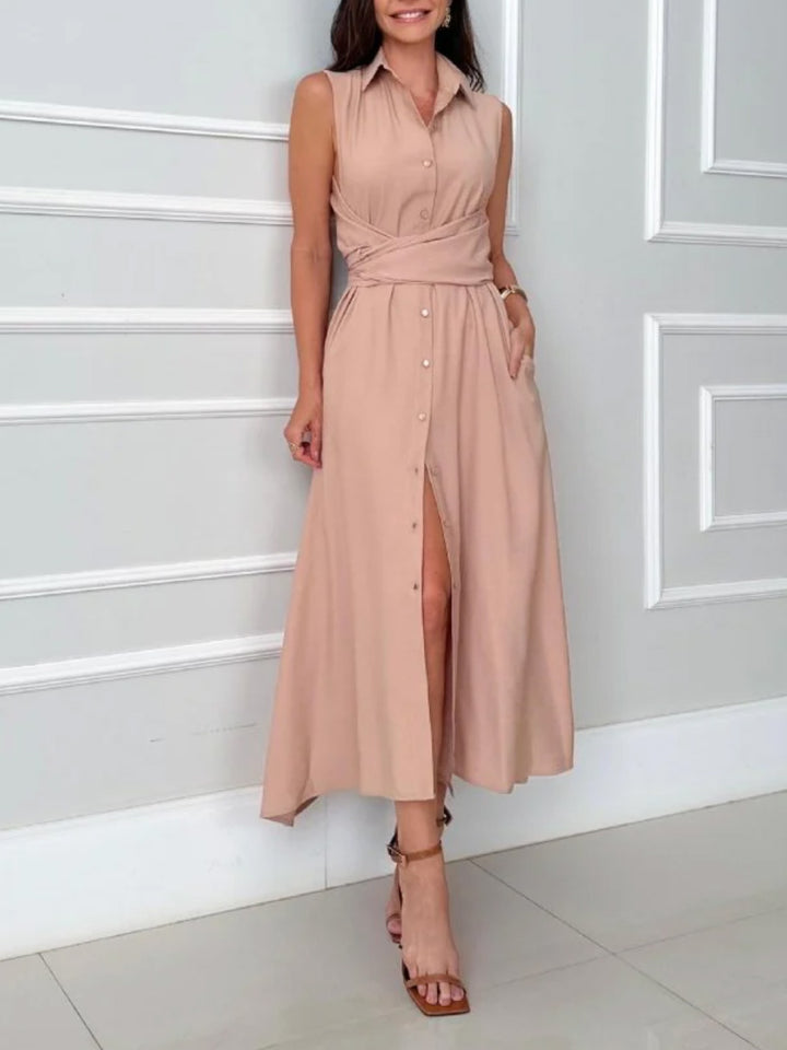 Elegant Single-breasted Tie Midi Dress