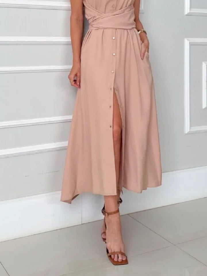 Elegant Single-breasted Tie Midi Dress