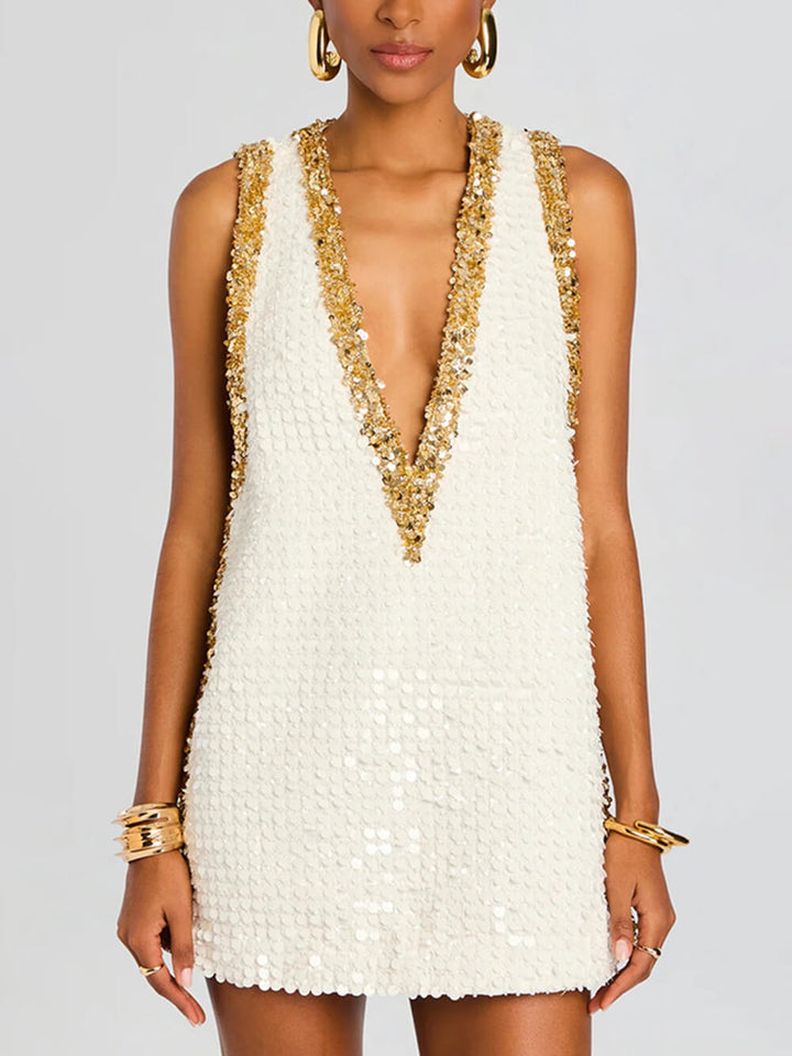 Exquisite Sequin Colorblock Trim V-neck Sleeveless A-line Mini Dress