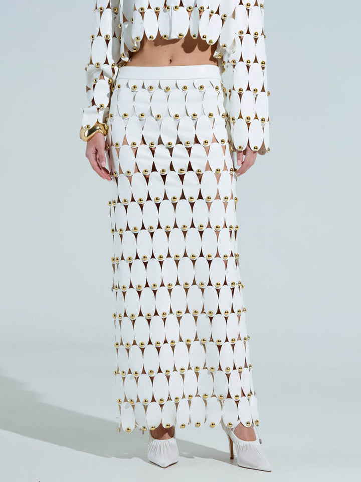 Exquisite Cut-Out Studded PU Cropped Cardigan Top And Maxi Skirt Set