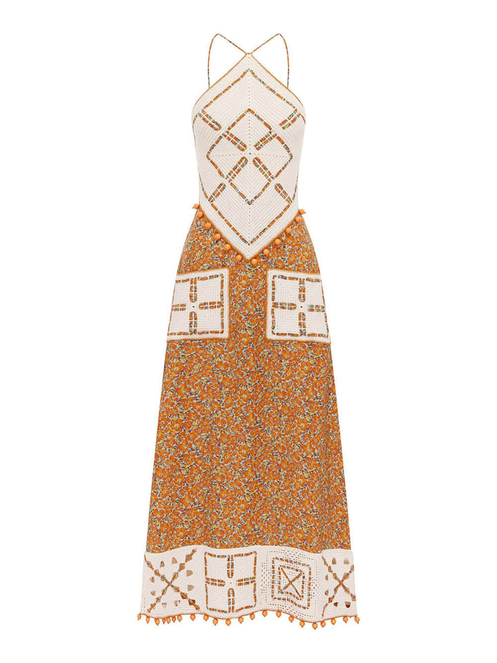 Retro Print Crochet Backless Maxi Dress