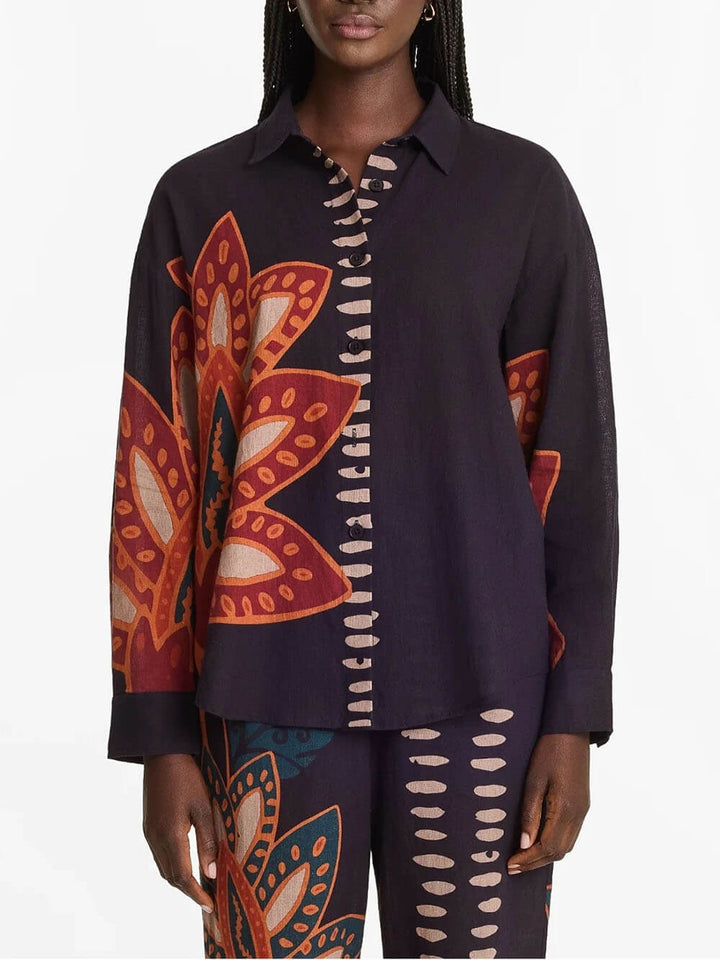Exquisite Floral Print Linen Button-Up Top And Loose Pocket Pants Set