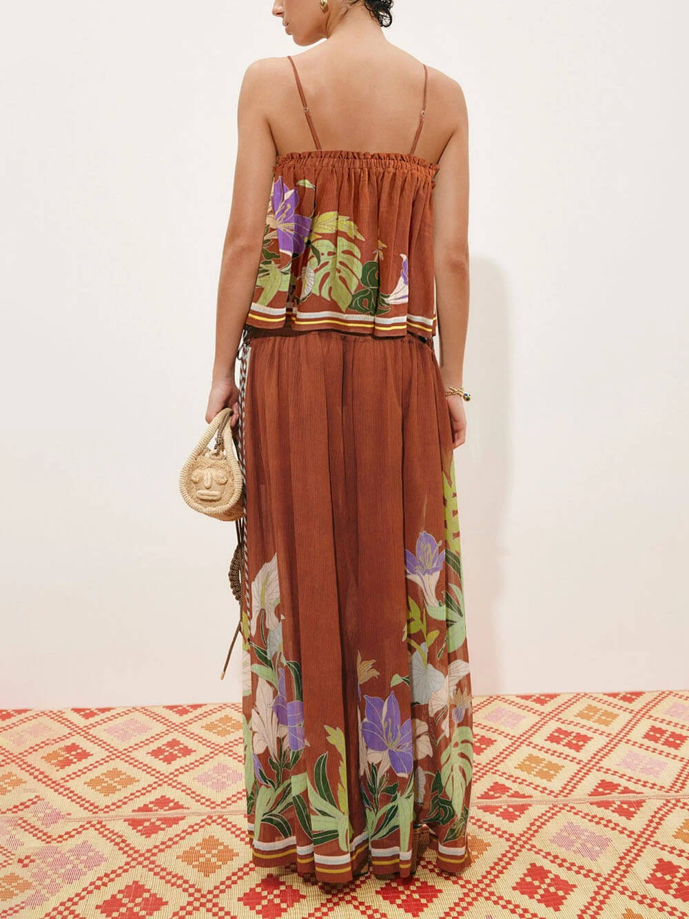 Delicate Ruffle Printed Ruched Adjustable Straps Camisole Top