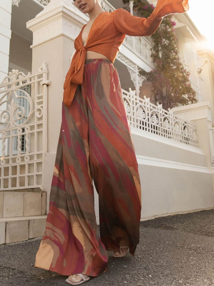 Casual Colorful Printed Loose High-Waisted Wide-Leg Pants