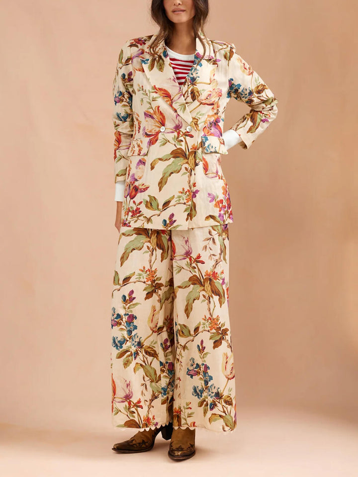 Exquisite Retro Floral Print High-Waisted Loose Pocket Wide-Leg Pants