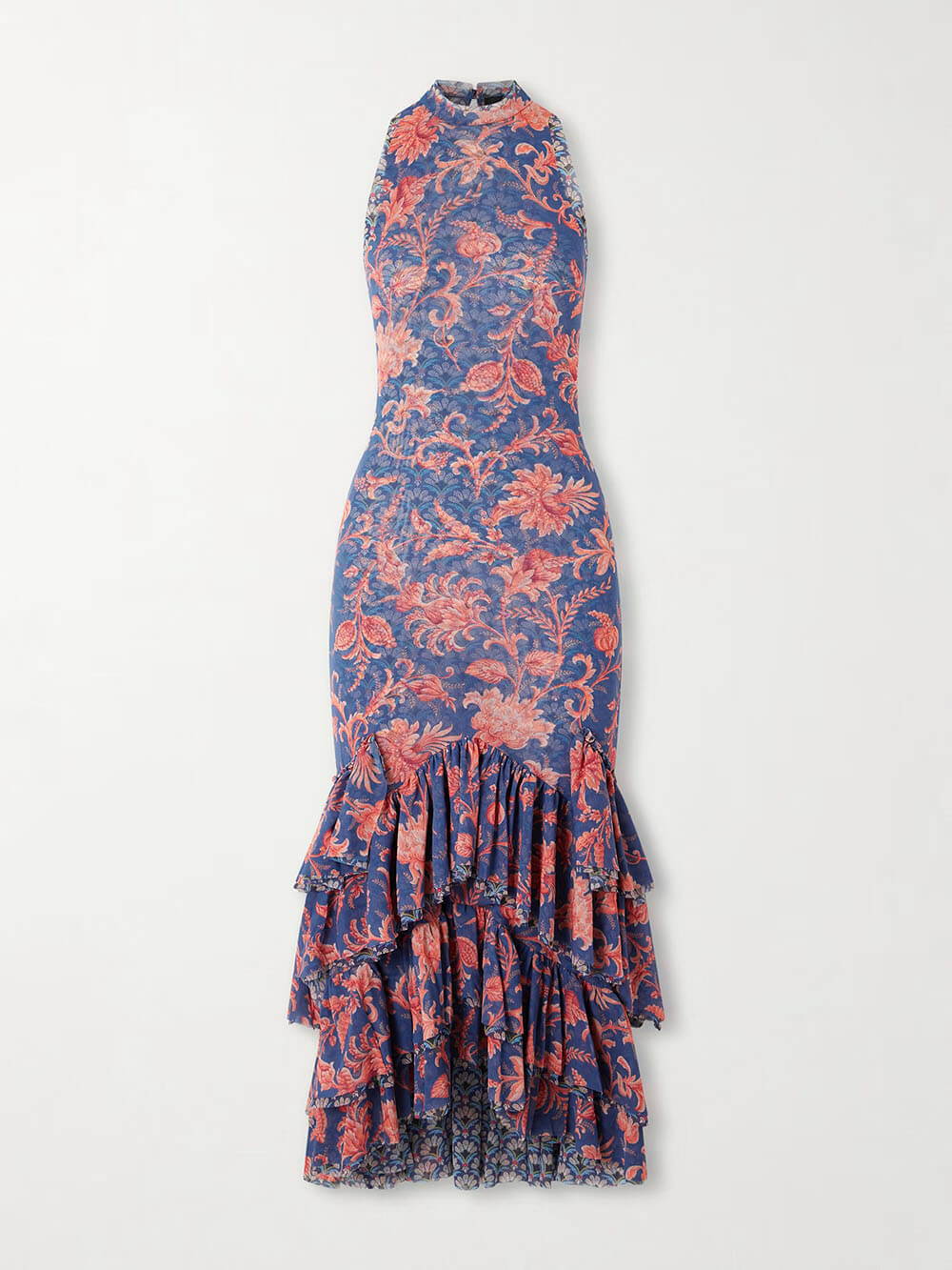 Fashionable Ruffled Paisley Print Tulle Midi Dress