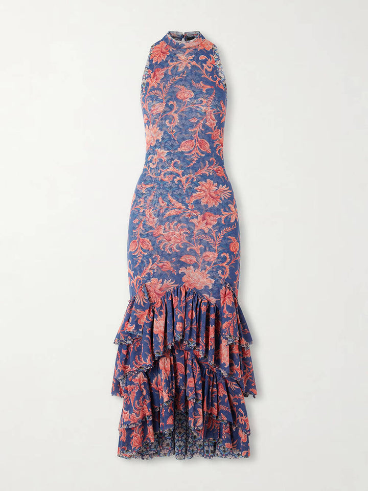 Fashionable Ruffled Paisley Print Tulle Midi Dress