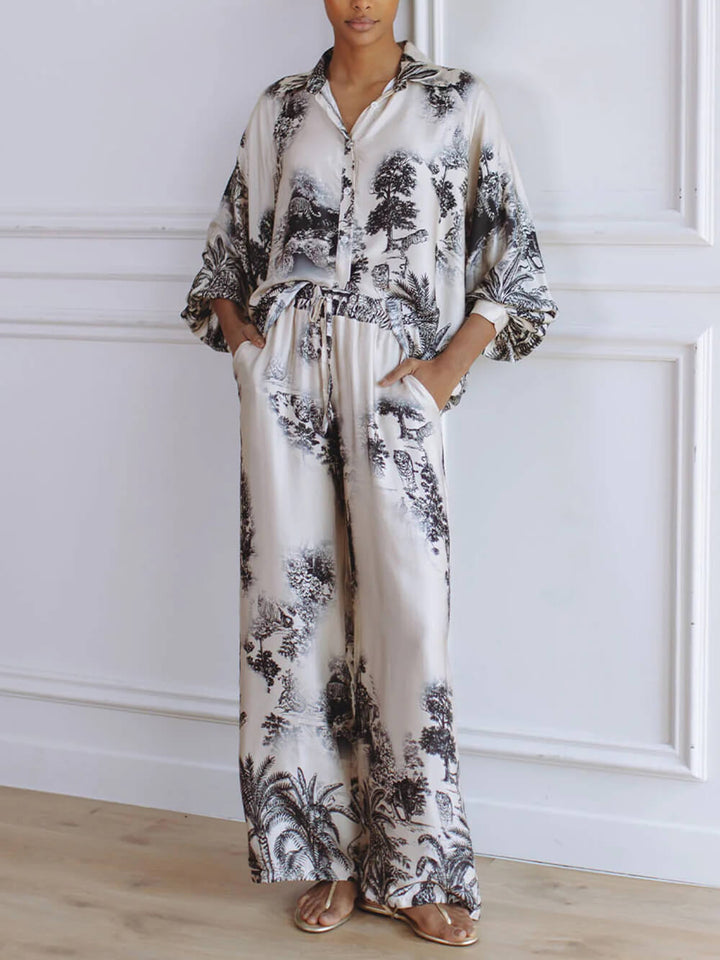 Unique Floral Print Loose Top And Elastic Waist Wide Leg Pants Set