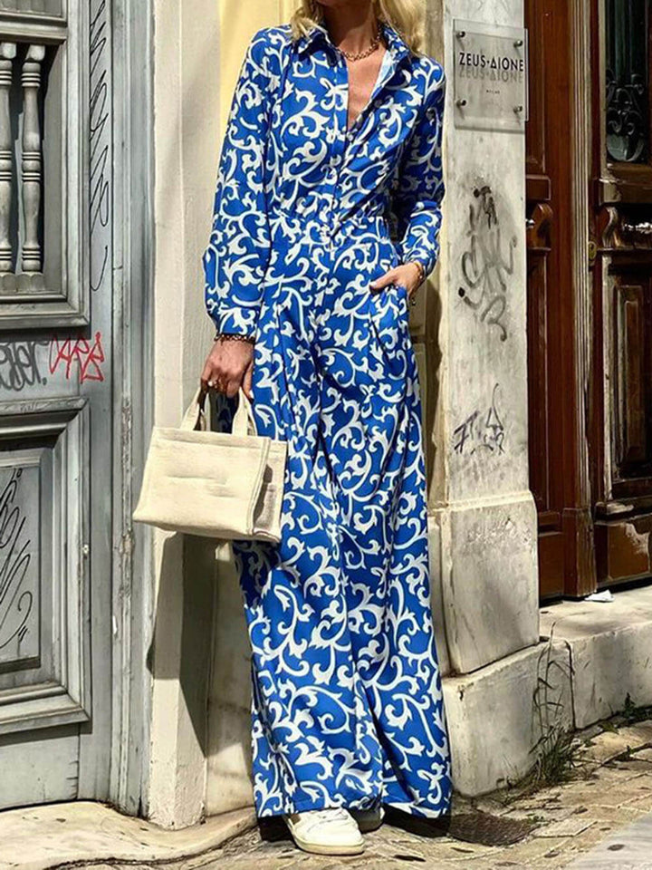 Fashion Print Lapel Waist Midi Dress