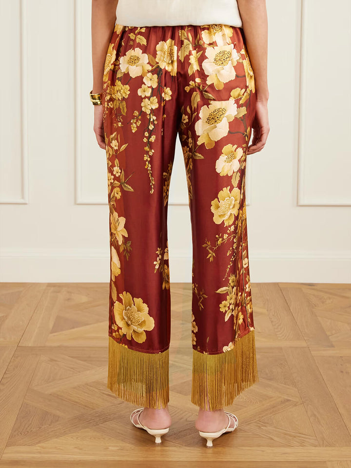 Exquisite Fringe Floral Print Satin Shirt and Elastic-Waist Wide-Leg Pants Set