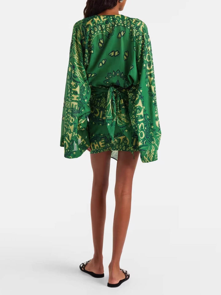 Vacation Print V-Neck Flare Sleeve Asymmetric Hem Mini Dress