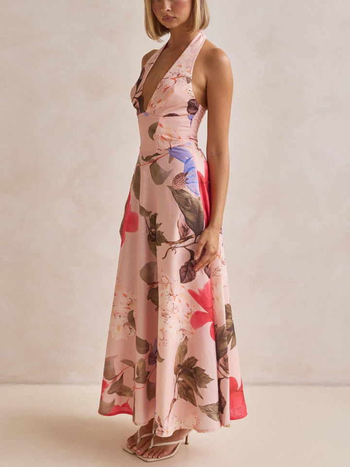 Retro Terez Linen Floral Print Halter Backless Tie-Up Maxi Dress