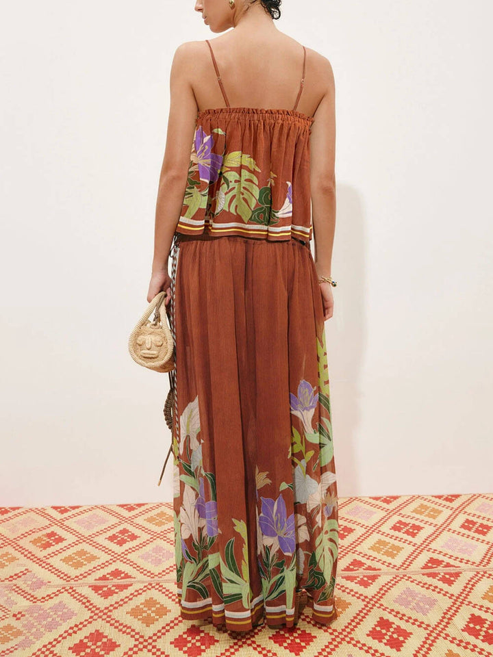 Delicate Ruffle Printed Drawstring Slit Wide-Leg Pants