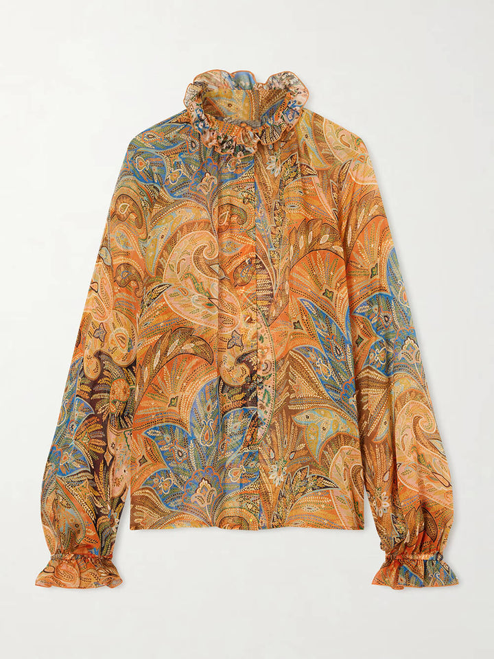 Exquisite Ruffle Trim Paisley Print Chiffon Blouse