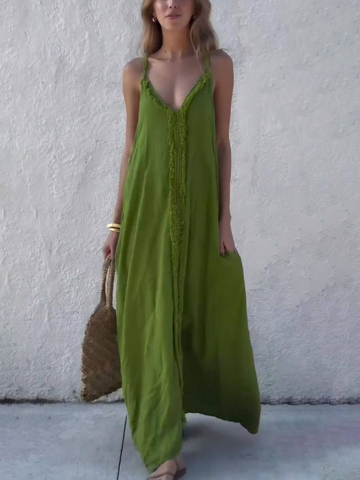 Modern Unique Lace Decoration V-Neck Suspender Maxi Dress