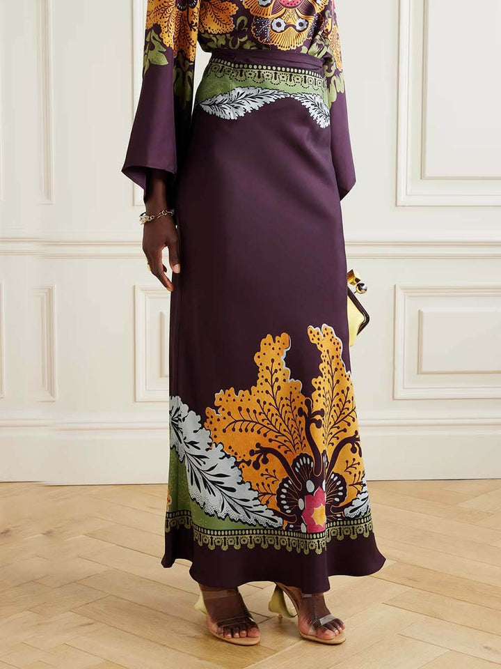Retro Ethnic Print Satin Twill Maxi Skirt