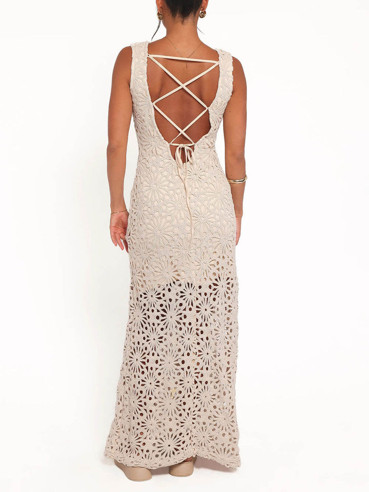 Fashion Crochet Lace Floral Pattern Backless Lace-up Vacation Maxi Dress