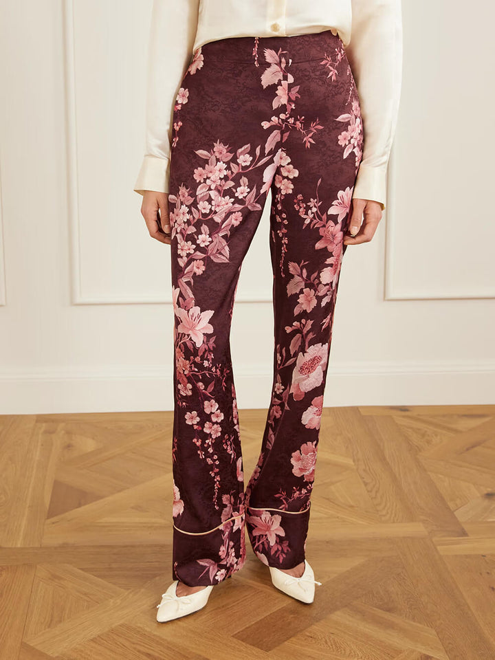 Exquisite Floral Print Satin Piped Straight-Leg Pants