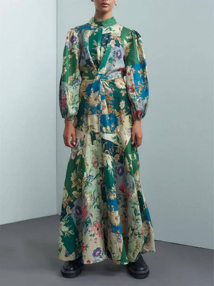 Delicate Floral Print Tie-Back Lantern Sleeve Maxi Dress