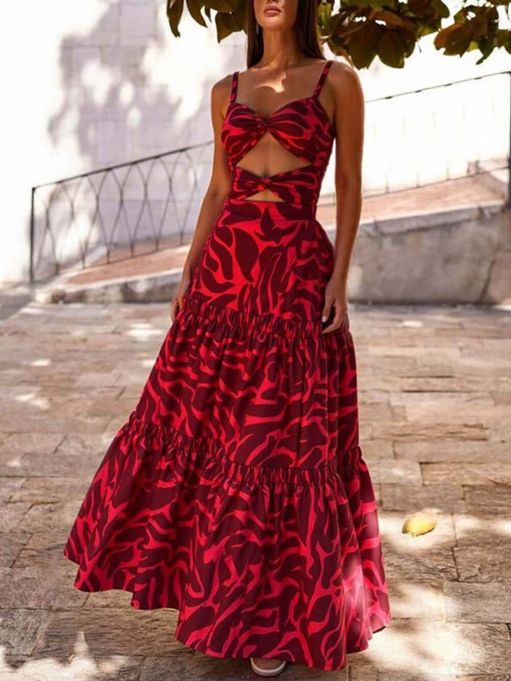 Cutout Printed One-Piece Swimsuit And Maxi Skirt Set