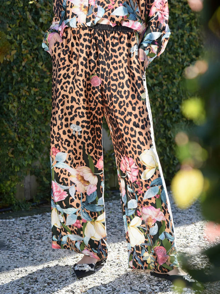 Unique Leopard Floral Print Elastic-Waist Wide-Leg Pants