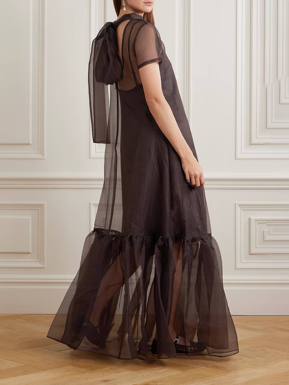 Casual Lace-up Neck Layered Organza Maxi Dress