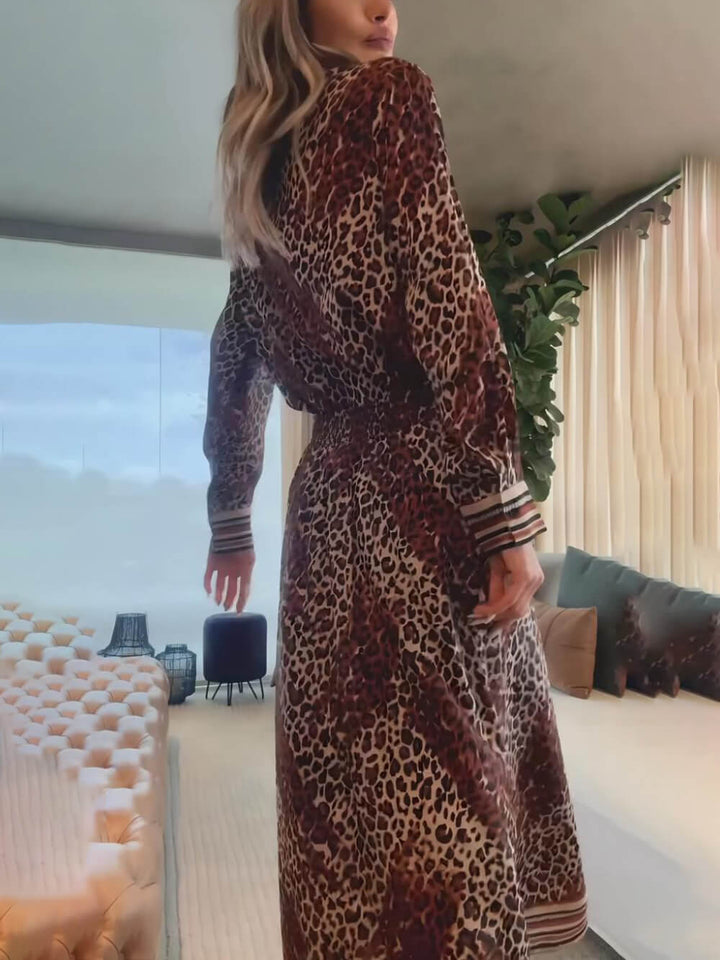 Retro Classic Leopard Print Patchwork Elastic Waist Midi Skirt