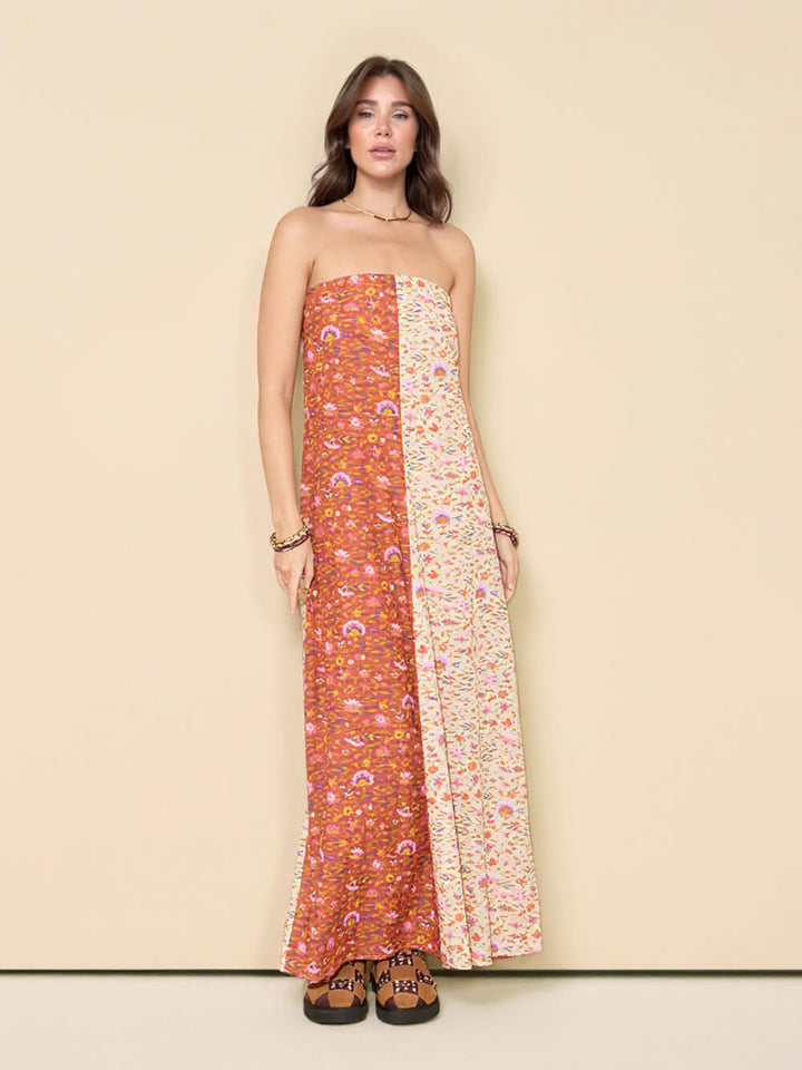 Fashion Floral Printed Strapless Maxi Dress