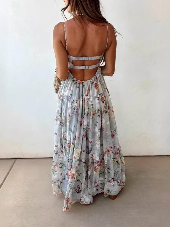 Bohemian Floral Print Spaghetti Strap Flowy Maxi Dress