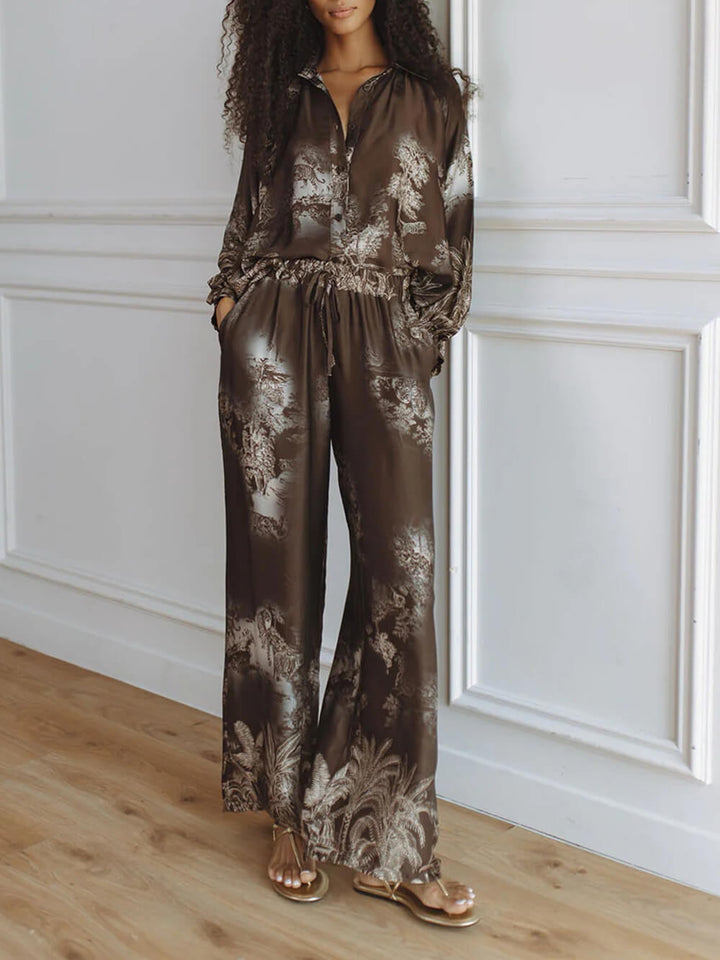Unique Brown Floral Print Loose Top And Elastic Waist Wide-Leg Pants Set