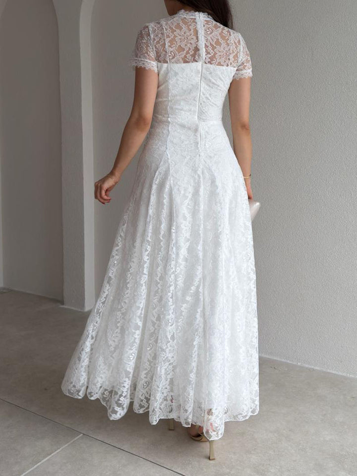 Elegant Sheer Tulle Floral Lace A-Line Maxi Dress