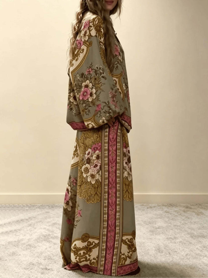 Retro Floral Baroque Print Satin Wide-Leg Pants