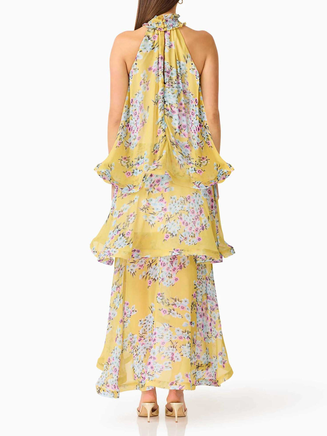 Elegant Rose Floral Halter Tiered High-Low Maxi Dress