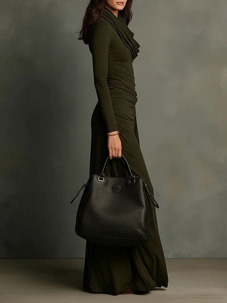 Elegant Olive-green Front Draped Maxi Dress