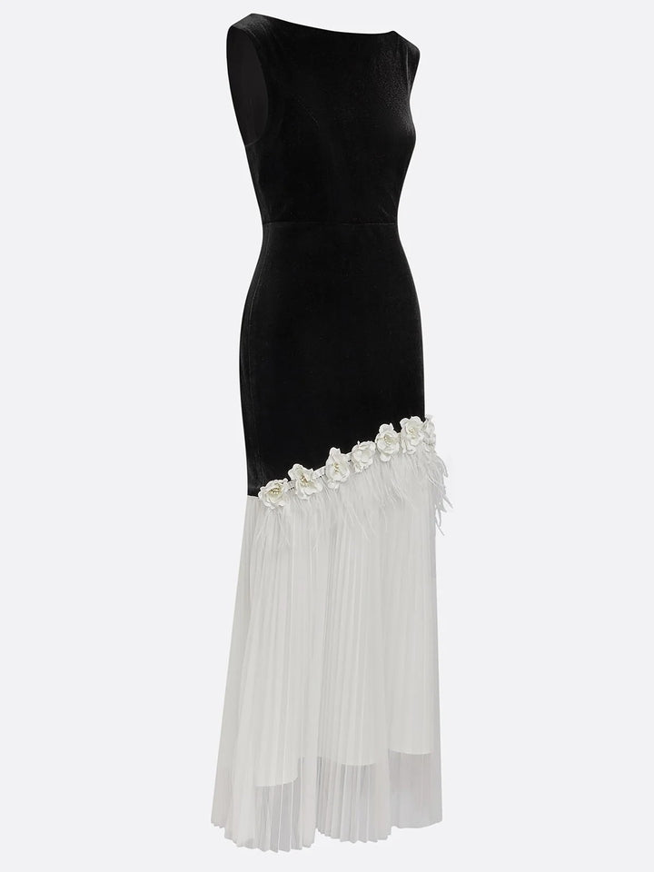 Elegant Floral Feather Tassel Boat Neck Pleated Maxi Dress