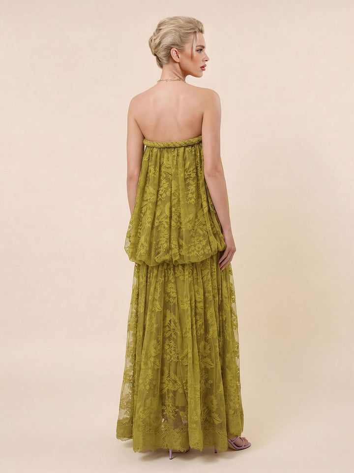 Elegant Strapless Lace Flowy Maxi Dress